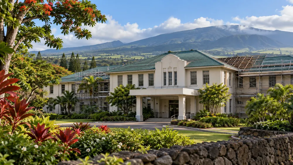 A historic Upcountry Maui hospital undergoing roof and window restoration.