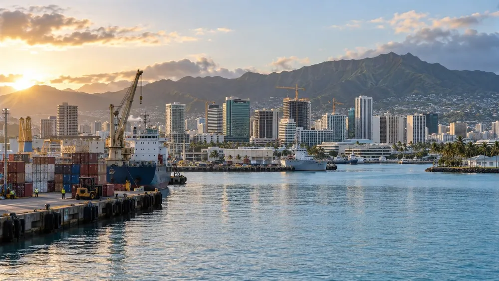 Honolulu harbor and skyline at sunrise with port activity and construction cranes