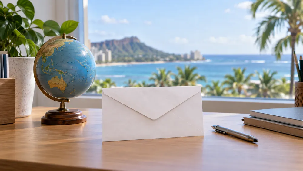 A sealed envelope, pen and globe on a desk overlooking a tropical Hawaii coastline