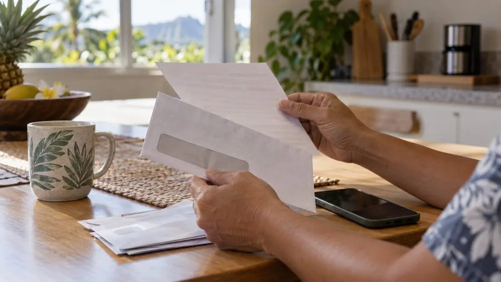 A Hawaii homeowner reviews an unsolicited letter at a kitchen table beside a smartphone.