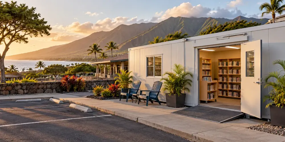 A modest portable library building beside a civic center with West Maui mountains in the distance.