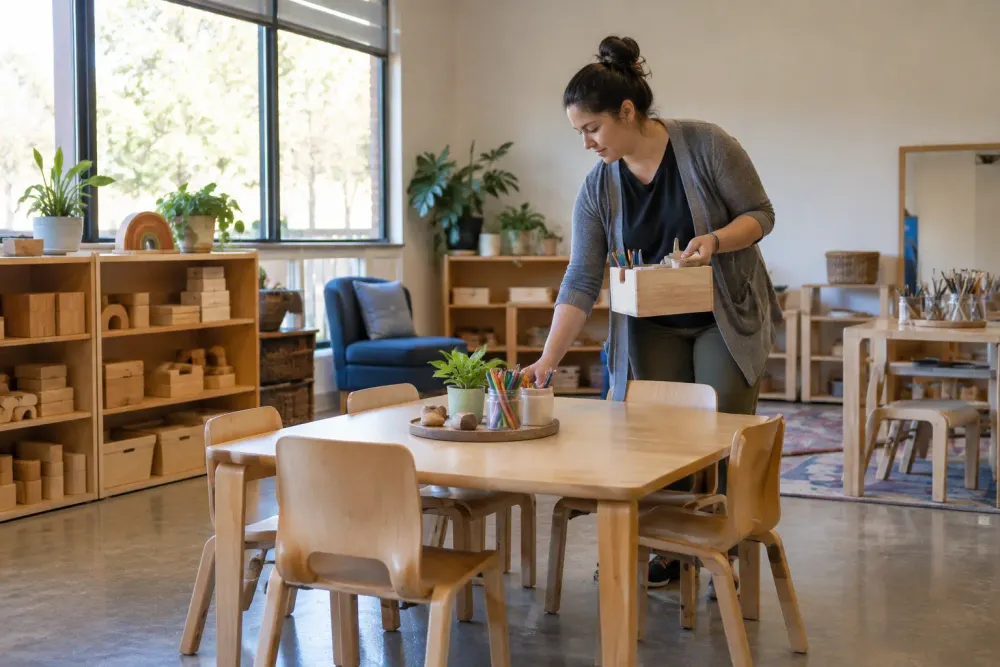 An early-childhood educator arranges classroom materials in a sunlit preschool before students arrive.