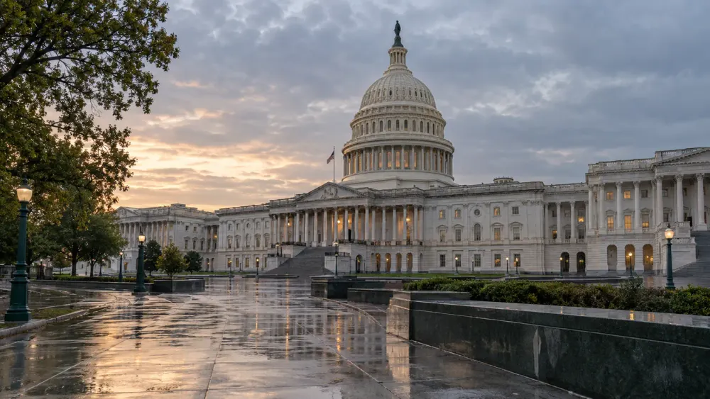 The United States Capitol reflected on rain-wet pavement beneath an overcast early-morning sky.