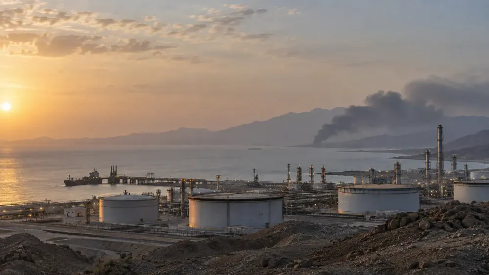 Conceptual view of Red Sea oil infrastructure at dawn with distant smoke on the horizon