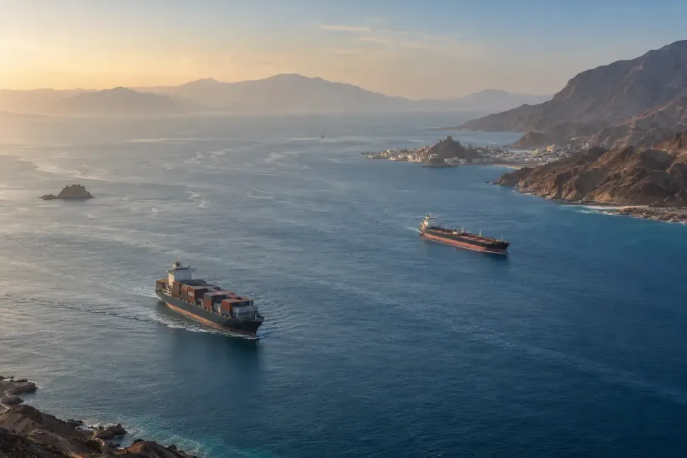 Cargo ship and oil tanker sailing near an arid coastline at the Bab el-Mandeb approach.