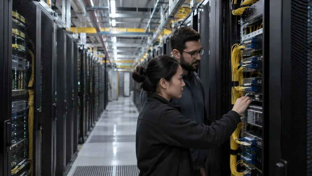 Two data-center engineers inspect unbranded optical network connections among rows of server cabinets.