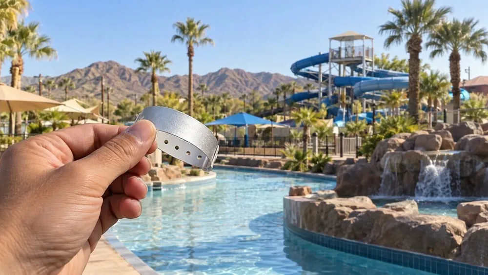 A hand holding a plain silver admission wristband at a generic desert water park