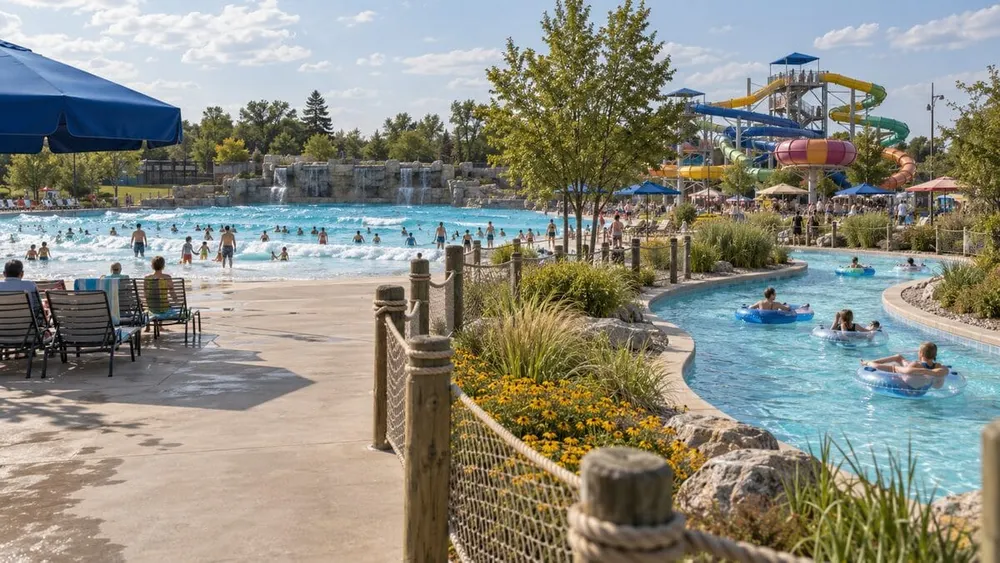 Illustrative view of a Midwestern water park with a wave pool, lazy river and water slides