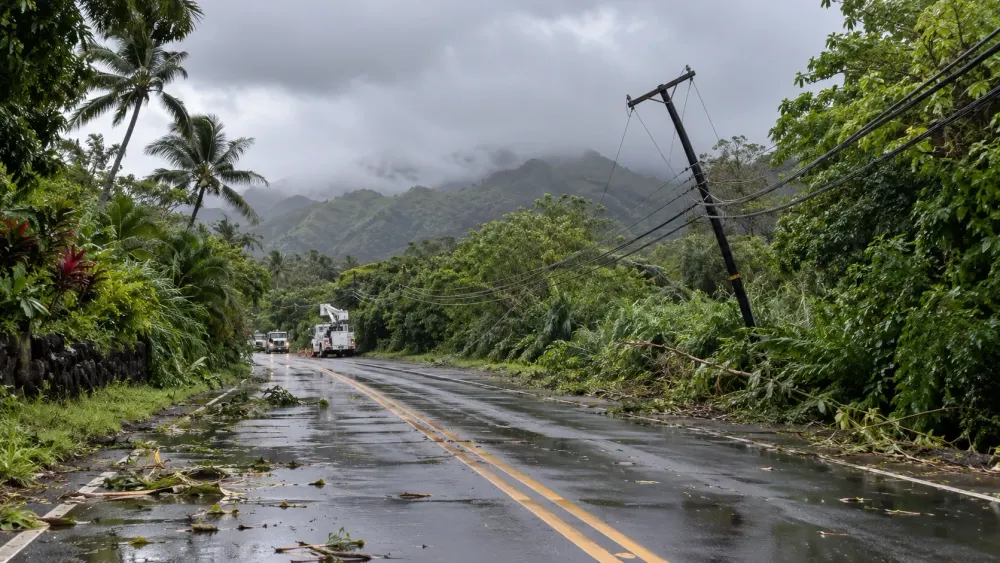 A rain-soaked tropical road with fallen branches, damaged power lines and utility crews after a severe storm.