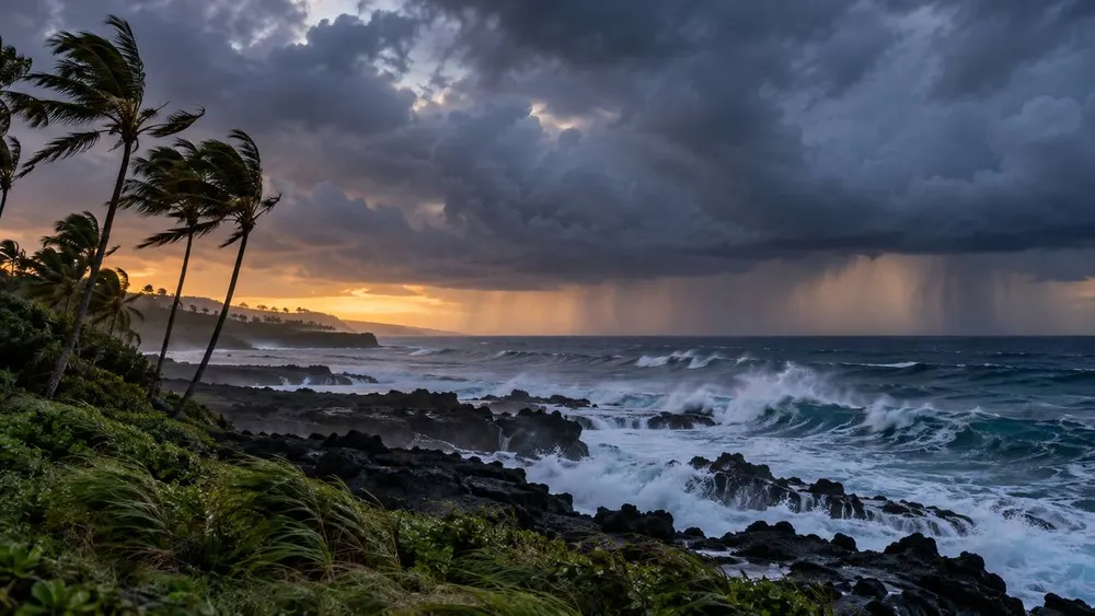 Wind bends palm trees above rough surf along a volcanic Hawaiian coastline beneath dark storm clouds.