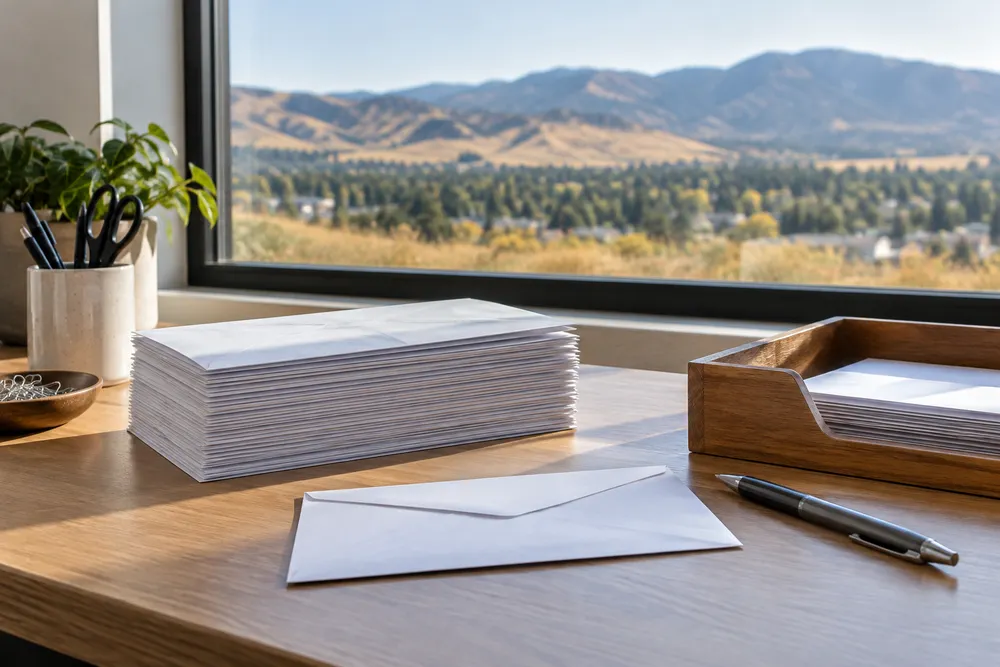 A stack of sealed envelopes and a pen on a county-office desk overlooking Idaho foothills