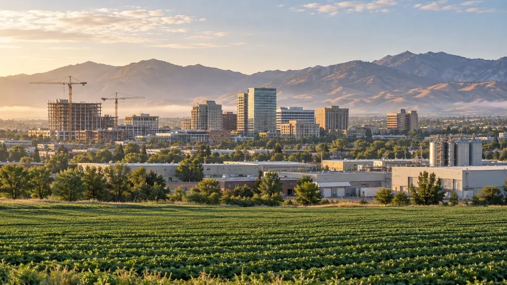 Idaho agricultural fields, industrial buildings and construction cranes near a growing city at sunrise