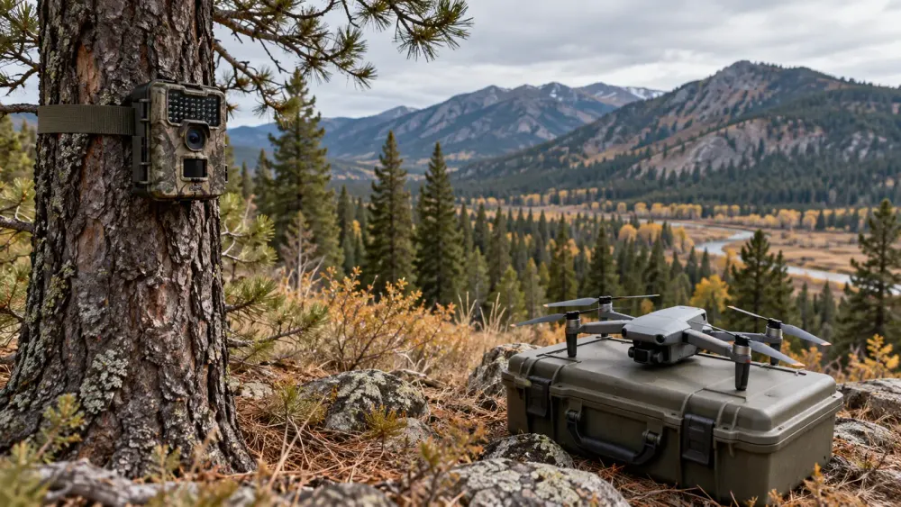 Trail camera and powered-off drone in an autumn Idaho mountain landscape.