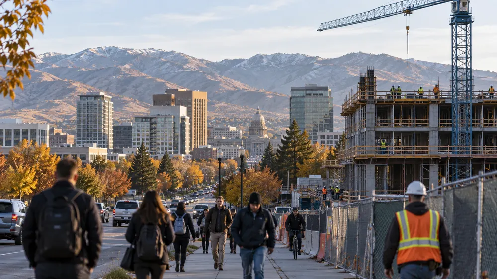 Illustration of workers commuting near a commercial construction site in Boise, Idaho.