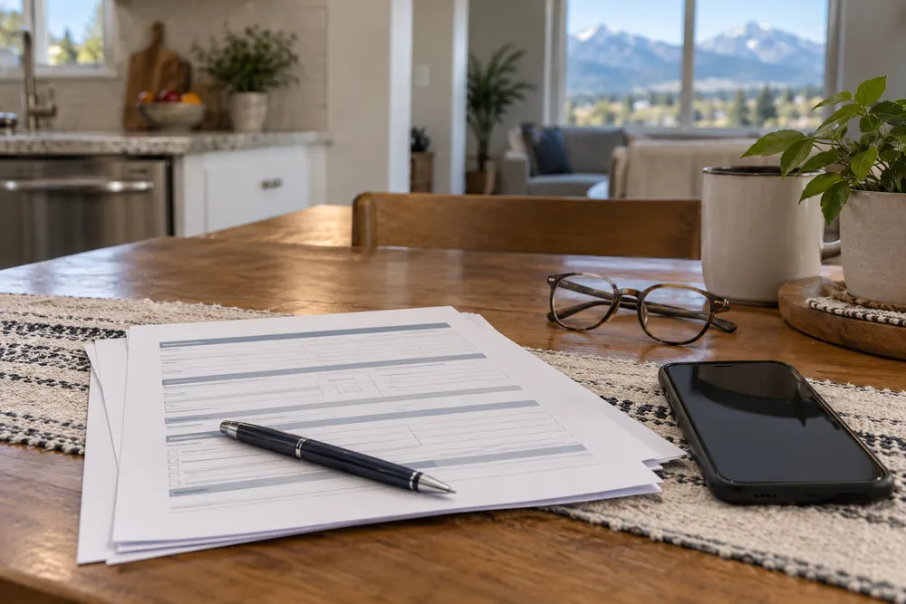 Generic health-benefits paperwork, a blank smartphone, eyeglasses and a pen on a kitchen table in an Idaho home