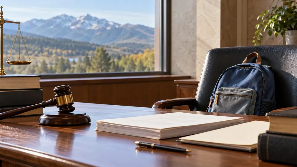 A judge’s gavel and legal papers on a desk beside a child’s backpack, with Idaho mountains visible through a window