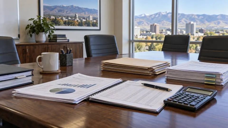 Budget documents and calculator on a conference table overlooking Boise