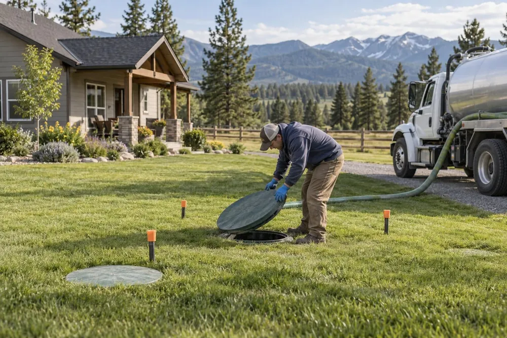 Septic service worker opening a tank beside a rural Idaho home with mountains in the distance