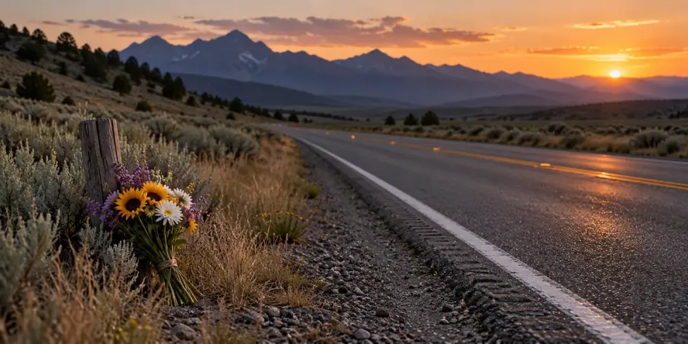 A quiet two-lane Idaho highway at dusk with plain memorial flowers near the shoulder.