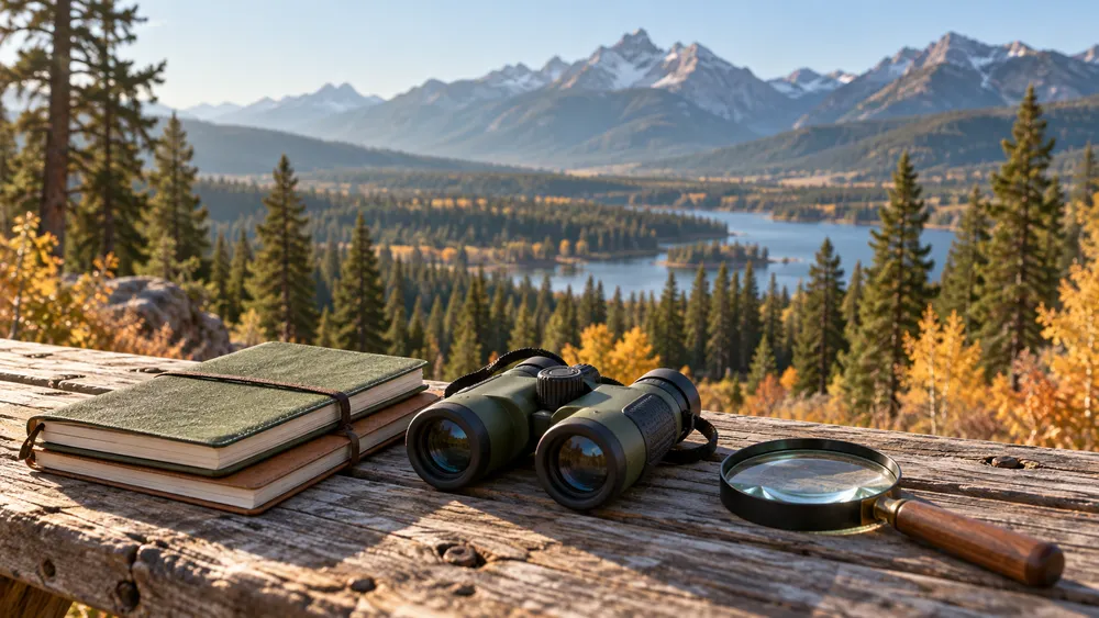Illustrative field notebooks, binoculars and magnifying glass overlooking an Idaho forest