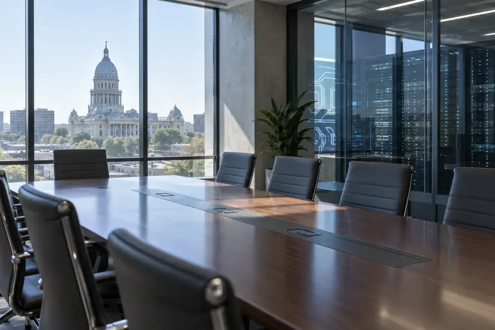 Empty government conference room overlooking a state capitol beside secure computer servers
