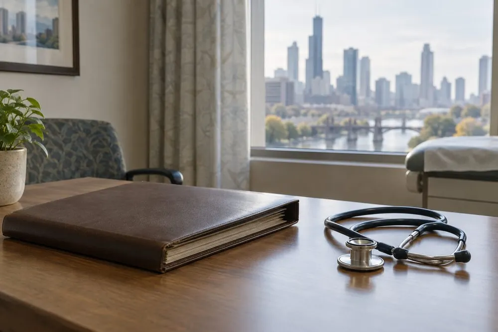 An unused stethoscope and closed legal folder on a consultation-room table with a softly lit city skyline beyond the window.