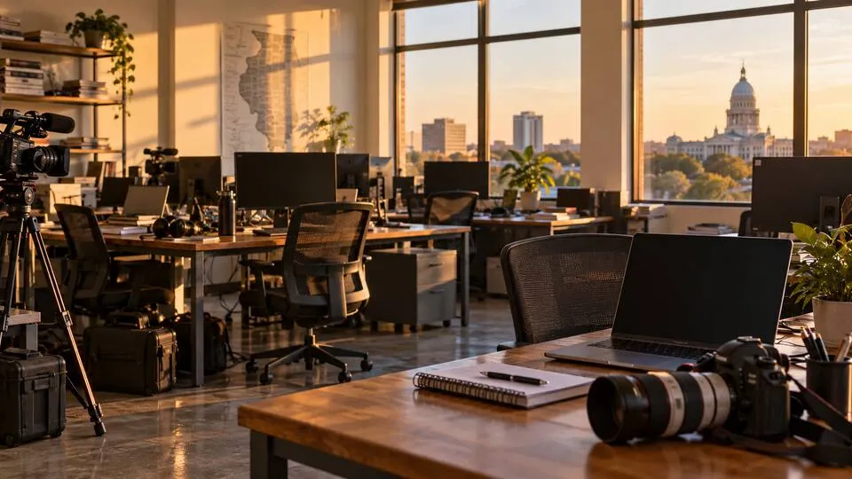 A quiet local newsroom with empty desks, computers and papers in soft daylight
