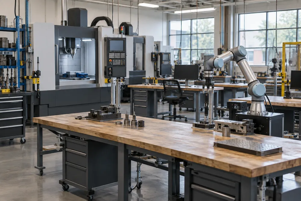 A modern community-college manufacturing lab with a CNC machine, robotic arm and workbenches.