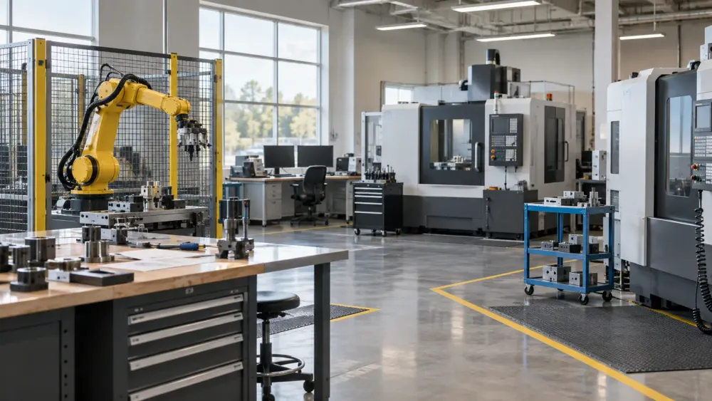 Conceptual view of an empty advanced-manufacturing training lab with a robotic arm and CNC equipment.
