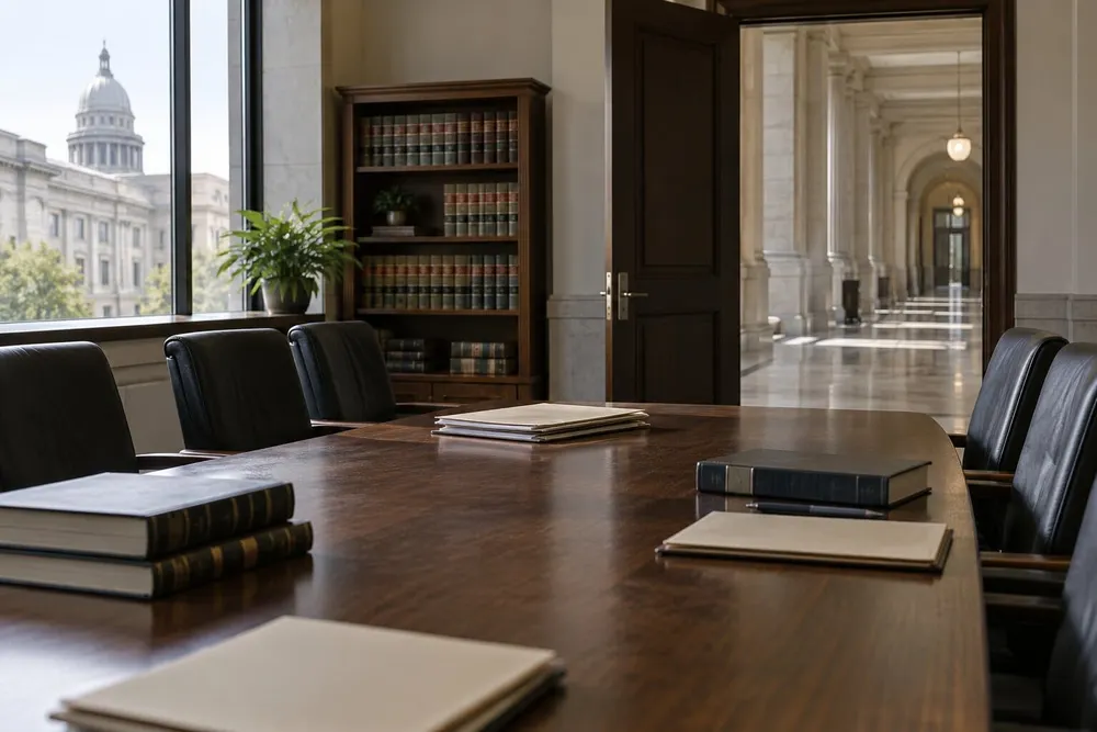 Conceptual editorial image of an empty legal conference room beside a courthouse corridor