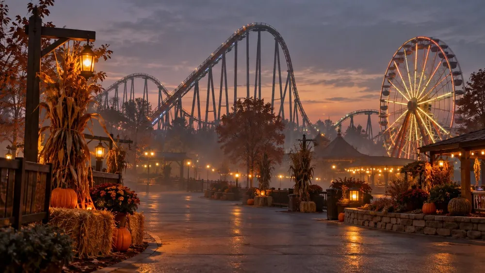 Generic amusement park roller coaster and Ferris wheel decorated for fall at dusk