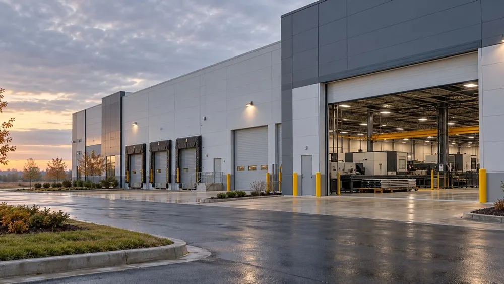 A modern advanced-manufacturing facility with loading bays and steel-processing machinery visible inside.
