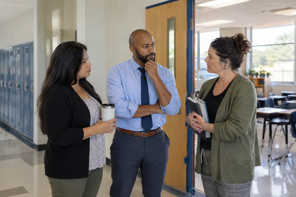 Three school staff members confer in a public school hallway before classes.