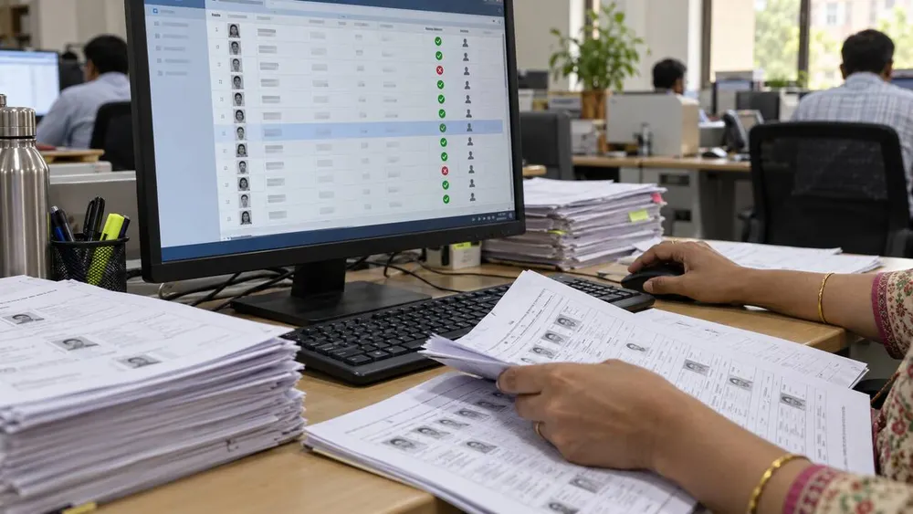 Election worker reviews voter registration records beside a computer database in an administrative office