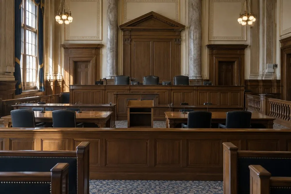An empty wood-paneled appellate courtroom illuminated by soft morning light, shown as a restrained symbolic image.