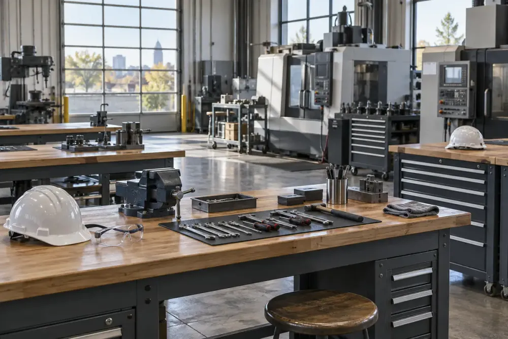 Empty advanced-manufacturing training workshop with workbenches, tools and safety equipment
