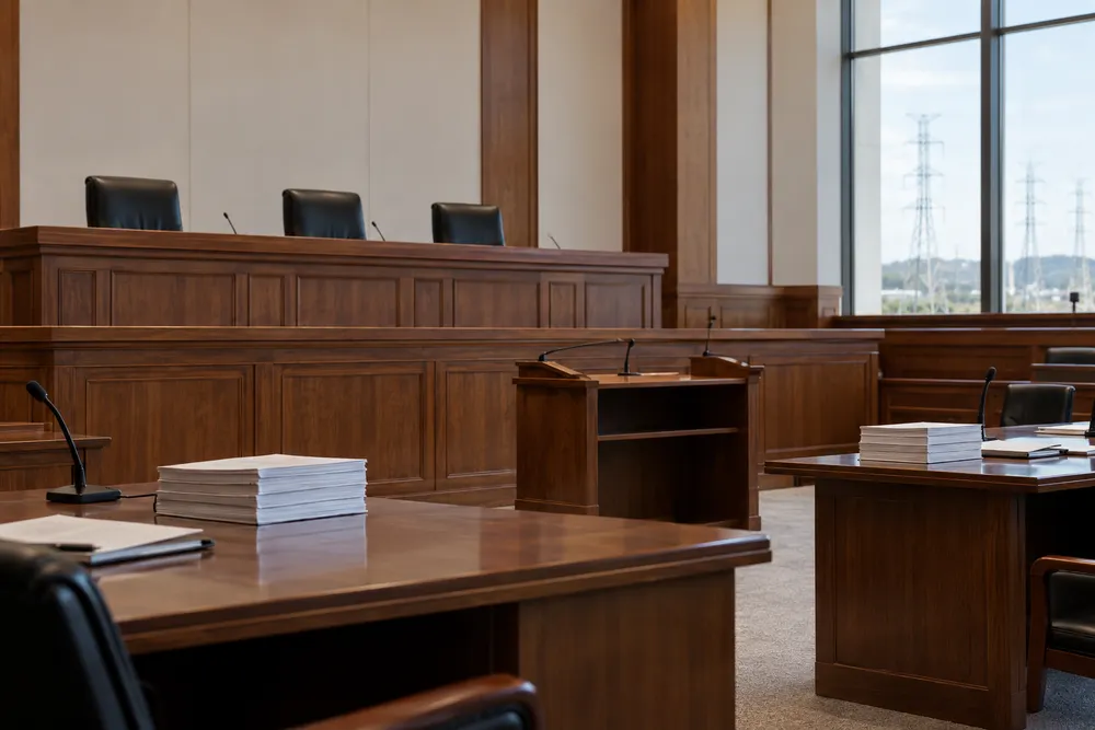 An empty appellate courtroom with unmarked legal briefs on counsel tables and power lines visible through a window.