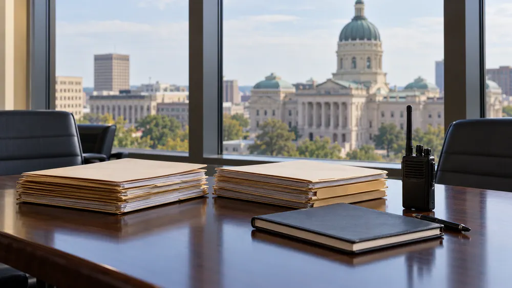Illustrative state-government policy workspace with plain folders and the Indiana Statehouse softly blurred in the background.