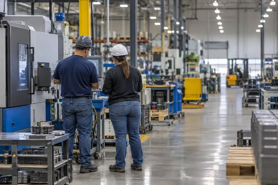 Illustrative view of two workers reviewing equipment on an unbranded manufacturing floor