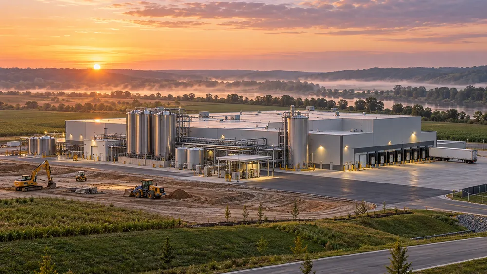 Modern food-and-beverage production facility planned in a southeastern Indiana landscape.