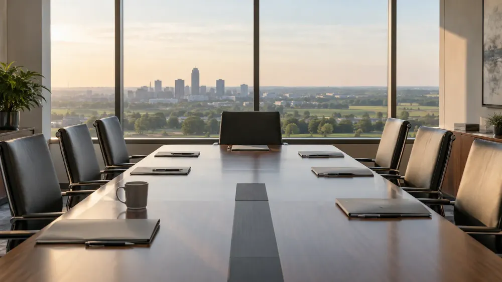 Conceptual view of an empty Indiana economic-development conference room prepared for a leadership meeting.
