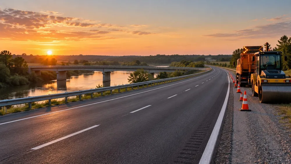 State highway and bridge with road-maintenance equipment parked safely on the shoulder at sunrise