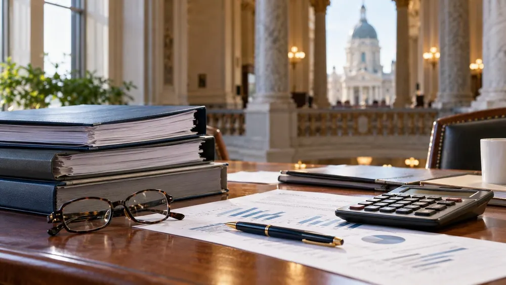 Financial folders, an actuarial calculator and budget papers on a desk in a softly lit civic building.