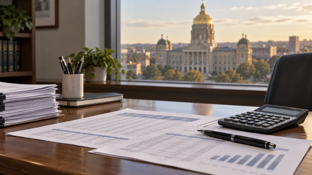 Payroll papers and a calculator on a desk with a blurred capitol dome in the background.