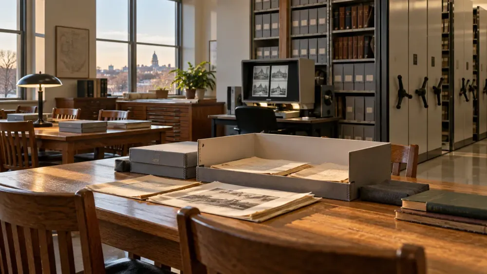 A quiet historical archive reading room with document boxes, research tables and compact shelving.
