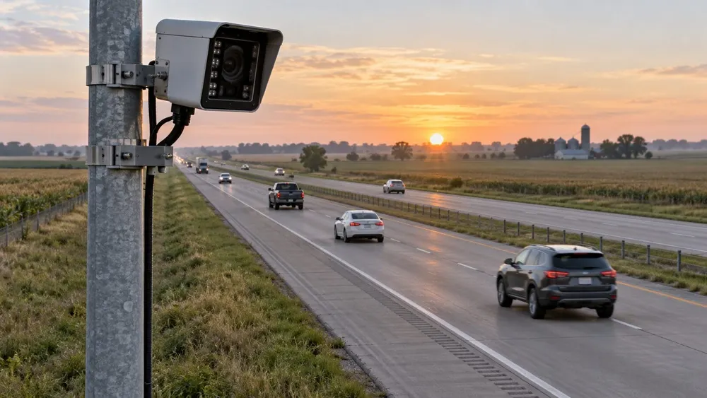Automated traffic camera overlooking vehicles on an Iowa highway at sunrise