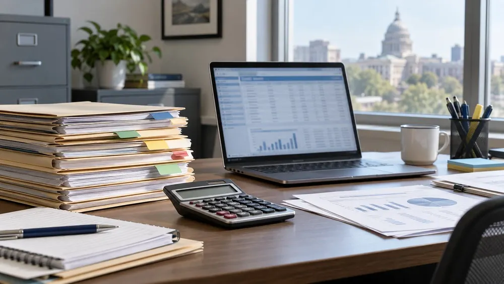 Conceptual editorial image of an audit desk with case files, calculator and an unreadable claims-analysis screen.