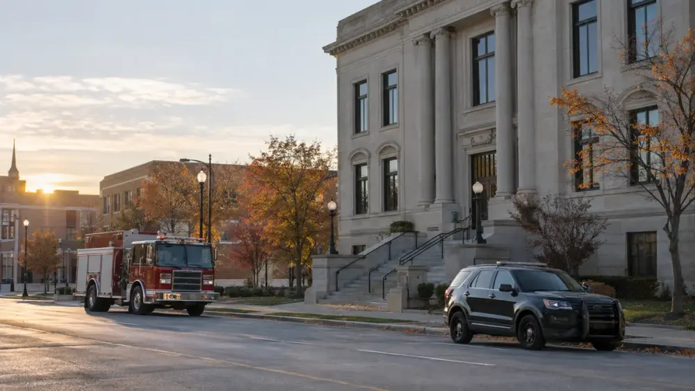 Generic police and fire vehicles outside a Midwestern civic building in autumn