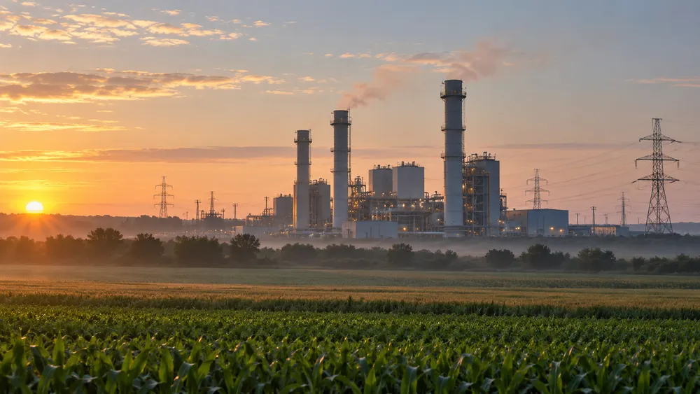 Illustrative view of a modern gas-fired power station and transmission lines across Midwestern farmland.