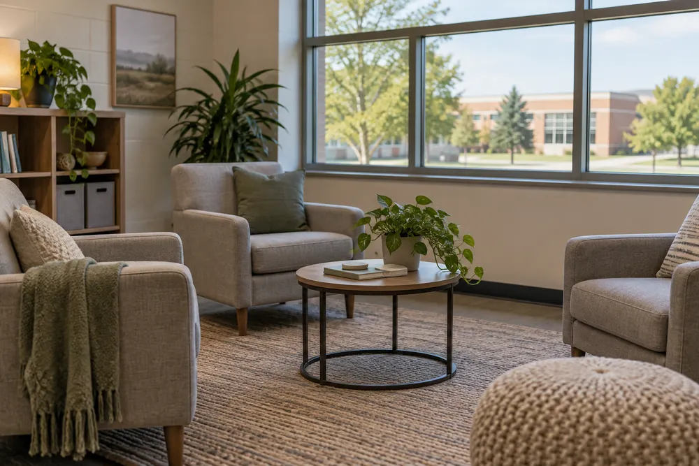 A quiet, softly lit retreat room with neutral chairs inside a modern Iowa middle school.
